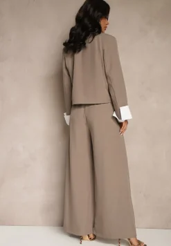 Jasnobrązowy Garniturowy Komplet Marynarka i Spodnie z Kontrastującymi Zdobieniami Davirielle