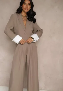 Jasnobrązowy Garniturowy Komplet Marynarka i Spodnie z Kontrastującymi Zdobieniami Davirielle