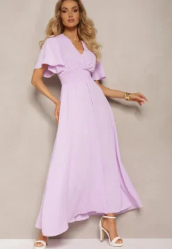 Jasnofioletowa Sukienka z Luźnymi Rękawami Wiązaniem z Wycięciem na Plecach i Gumką w Talii Valenta