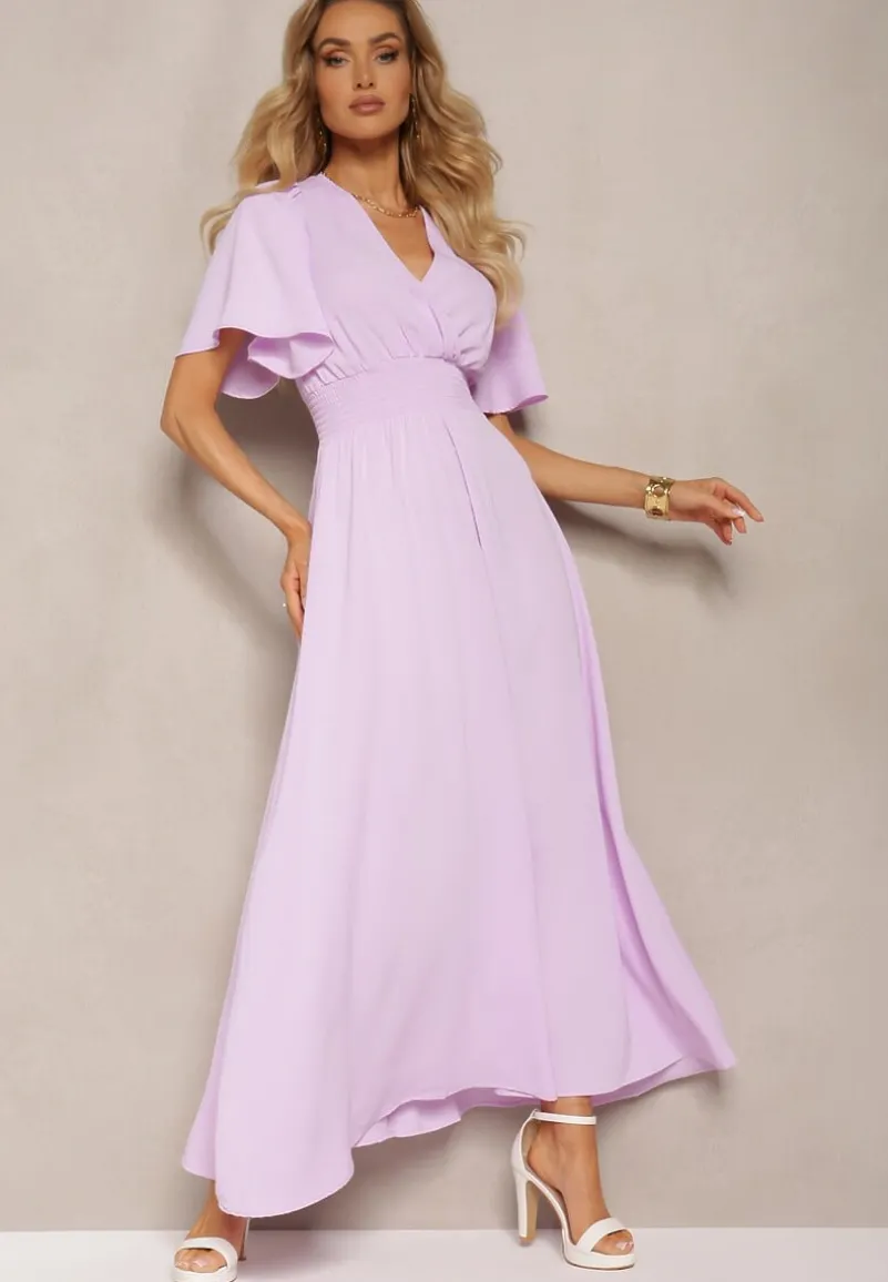 Jasnofioletowa Sukienka z Luźnymi Rękawami Wiązaniem z Wycięciem na Plecach i Gumką w Talii Valenta