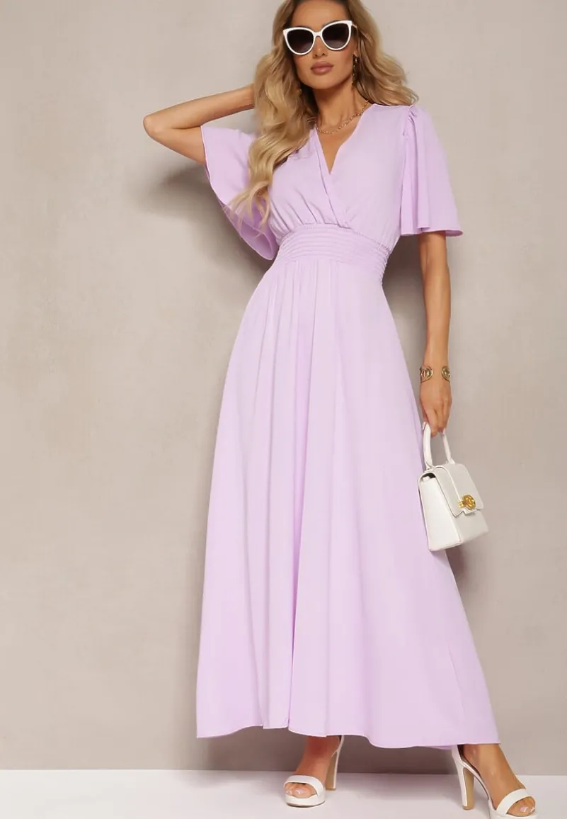 Jasnofioletowa Sukienka z Luźnymi Rękawami Wiązaniem z Wycięciem na Plecach i Gumką w Talii Valenta