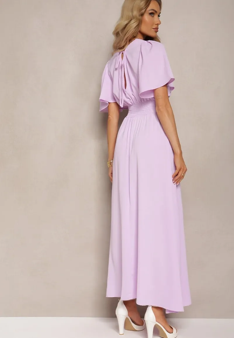 Jasnofioletowa Sukienka z Luźnymi Rękawami Wiązaniem z Wycięciem na Plecach i Gumką w Talii Valenta