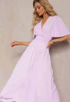 Jasnofioletowa Sukienka z Luźnymi Rękawami Wiązaniem z Wycięciem na Plecach i Gumką w Talii Valenta