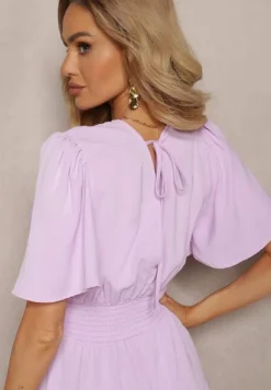 Jasnofioletowa Sukienka z Luźnymi Rękawami Wiązaniem z Wycięciem na Plecach i Gumką w Talii Valenta