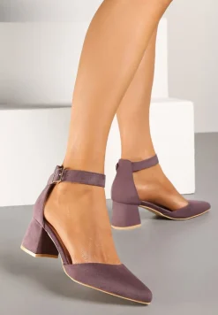Jasnofioletowe Czółenka na Słupku Vices ze Skórzaną Wkładką i Paskiem Wokół Kostki Eveliri