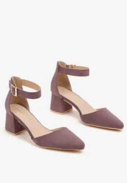 Jasnofioletowe Czółenka na Słupku Vices ze Skórzaną Wkładką i Paskiem Wokół Kostki Eveliri