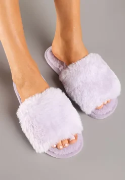 Jasnofioletowe Kapcie Futrzane Vices z Szerokim Paskiem Selaenor
