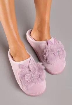 Jasnofioletowe Kapcie na Płaskiej Podeszwie z Cyrkoniami i Futerkiem Dezilie