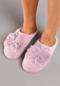 Jasnofioletowe Kapcie na Płaskiej Podeszwie z Cyrkoniami i Futerkiem Dezilie