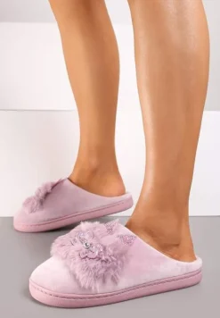 Jasnofioletowe Kapcie na Płaskiej Podeszwie z Cyrkoniami i Futerkiem Dezilie