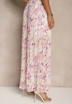 Jasnofioletowe Spodnie High Waist Zdobione Plisami i Kwiatowym Printem Folamea