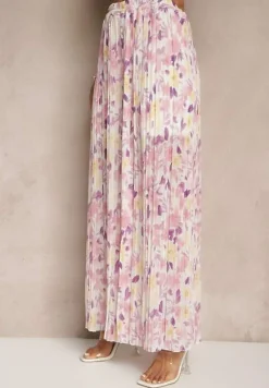 Jasnofioletowe Spodnie High Waist Zdobione Plisami i Kwiatowym Printem Folamea