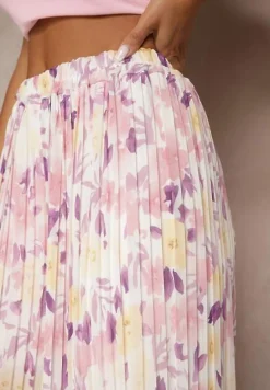 Jasnofioletowe Spodnie High Waist Zdobione Plisami i Kwiatowym Printem Folamea