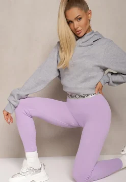 Jasnofioletowe Sportowe Legginsy Elastyczne z Ozdobną Szeroką Gumą w Pasie Larnode