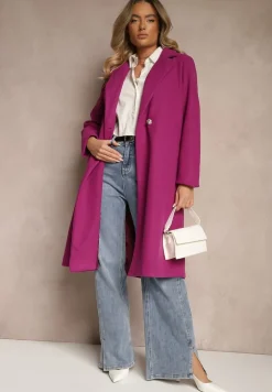 Jasnofioletowy Długi Płaszcz z Biżuteryjnymi Guzikami Tudella