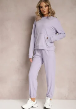 Jasnofioletowy Dzianinowy Komplet Dresowy z Bluzą i Spodniami Amlore