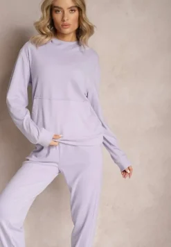 Jasnofioletowy Dzianinowy Komplet Dresowy z Bluzą i Spodniami Amlore