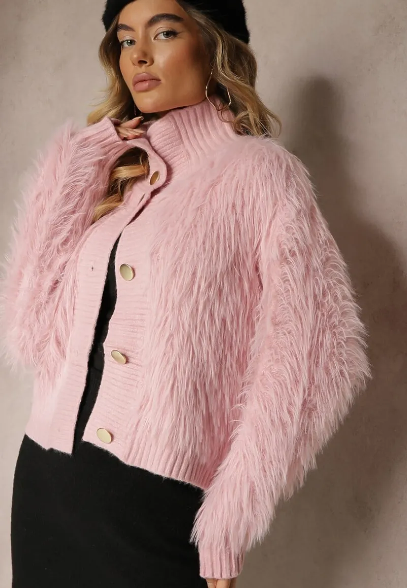 Jasnofioletowy Kardigan z Wełną Zapinany na Ozdobne Guziki ze Stójką i Puszystą Fakturą Zinavia