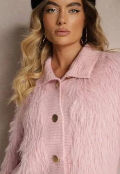 Jasnofioletowy Kardigan z Wełną Zapinany na Ozdobne Guziki ze Stójką i Puszystą Fakturą Zinavia