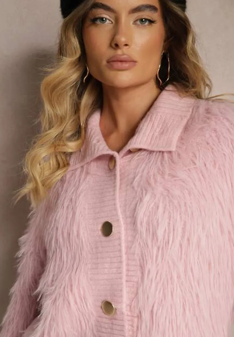 Jasnofioletowy Kardigan z Wełną Zapinany na Ozdobne Guziki ze Stójką i Puszystą Fakturą Zinavia