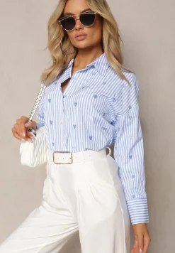 Jasnoniebieska Bawełniana Koszula Ozdobiona Wzorem w Cienkie Paski i Serduszka Vatille