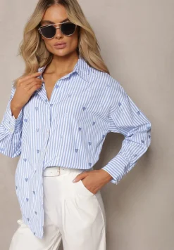 Jasnoniebieska Bawełniana Koszula Ozdobiona Wzorem w Cienkie Paski i Serduszka Vatille