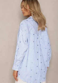 Jasnoniebieska Bawełniana Koszula Ozdobiona Wzorem w Cienkie Paski i Serduszka Vatille