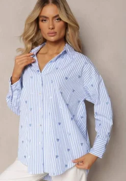 Jasnoniebieska Bawełniana Koszula Ozdobiona Wzorem w Cienkie Paski i Serduszka Vatille