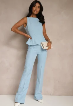 Jasnoniebieska Bluzka Bez Rękawów z Wiskozą Zdobiona Baskinką Linoreina