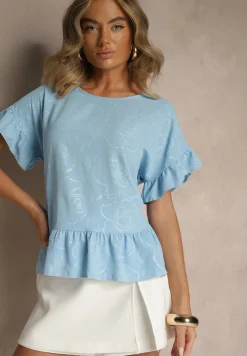 Jasnoniebieska Bluzka Oversize Ozdobiona Falbanami Liriele