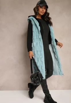 Jasnoniebieska Długa Kamizelka z Futerka Zapinana na Suwak z Kapturem Vioresa