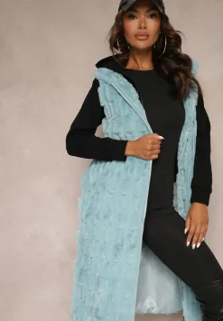 Jasnoniebieska Długa Kamizelka z Futerka Zapinana na Suwak z Kapturem Vioresa