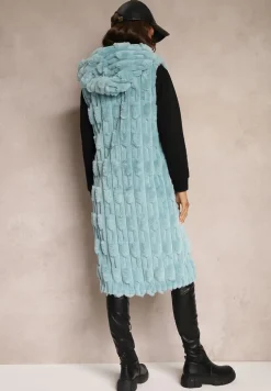 Jasnoniebieska Długa Kamizelka z Futerka Zapinana na Suwak z Kapturem Vioresa