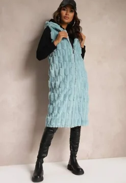 Jasnoniebieska Długa Kamizelka z Futerka Zapinana na Suwak z Kapturem Vioresa