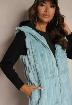 Jasnoniebieska Długa Kamizelka z Futerka Zapinana na Suwak z Kapturem Vioresa