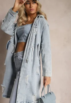 Jasnoniebieska Długa Kurtka Jeansowa z Bawełny z Przetarciami i Troczkiem w Talii Rileni