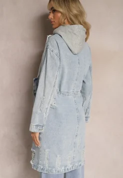 Jasnoniebieska Długa Kurtka Jeansowa z Bawełny z Przetarciami i Troczkiem w Talii Rileni