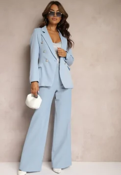 Jasnoniebieska Dwurzędowa Marynarka z Ozdobnymi Guzikami Rainelda