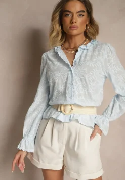 Jasnoniebieska Haftowana Koszula z Bawełny z Koronką Natraviela