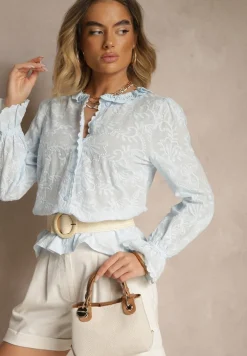 Jasnoniebieska Haftowana Koszula z Bawełny z Koronką Natraviela