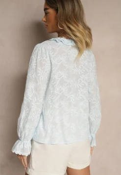 Jasnoniebieska Haftowana Koszula z Bawełny z Koronką Natraviela