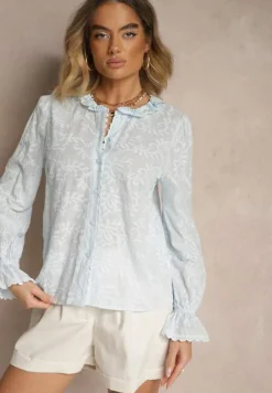 Jasnoniebieska Haftowana Koszula z Bawełny z Koronką Natraviela