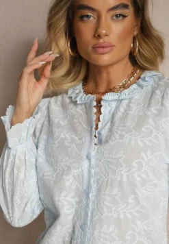 Jasnoniebieska Haftowana Koszula z Bawełny z Koronką Natraviela