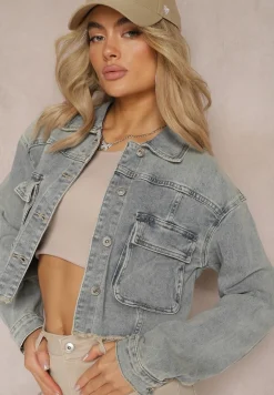 Jasnoniebieska Jeansowa Kurtka na Guziki ze Strzępionym Dołem i Kieszeniami z Klapami Elitiare