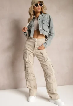 Jasnoniebieska Jeansowa Kurtka na Guziki ze Strzępionym Dołem i Kieszeniami z Klapami Elitiare