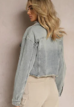 Jasnoniebieska Jeansowa Kurtka na Guziki ze Strzępionym Dołem i Kieszeniami z Klapami Elitiare