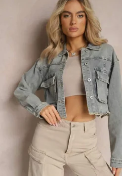 Jasnoniebieska Jeansowa Kurtka na Guziki ze Strzępionym Dołem i Kieszeniami z Klapami Elitiare