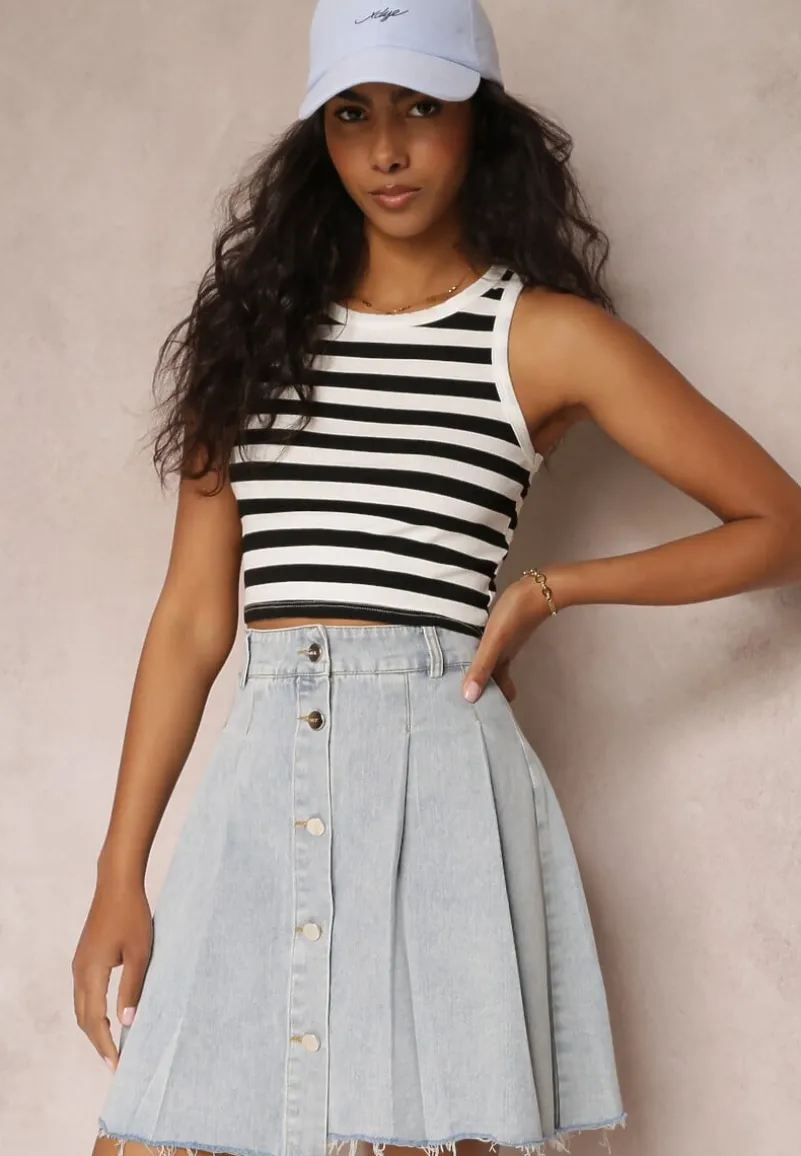 Jasnoniebieska Jeansowa Spódnica Mini z Zakładkami Hollette