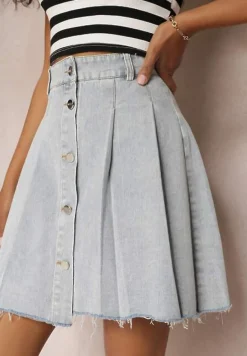 Jasnoniebieska Jeansowa Spódnica Mini z Zakładkami Hollette