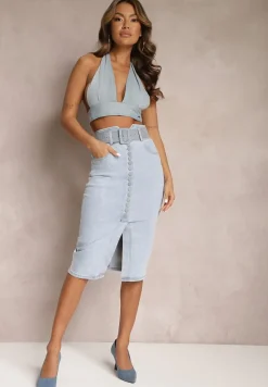 Jasnoniebieska Jeansowa Spódnica Ołówkowa Midi z Guzikami i Rozcięciem Jackiesa